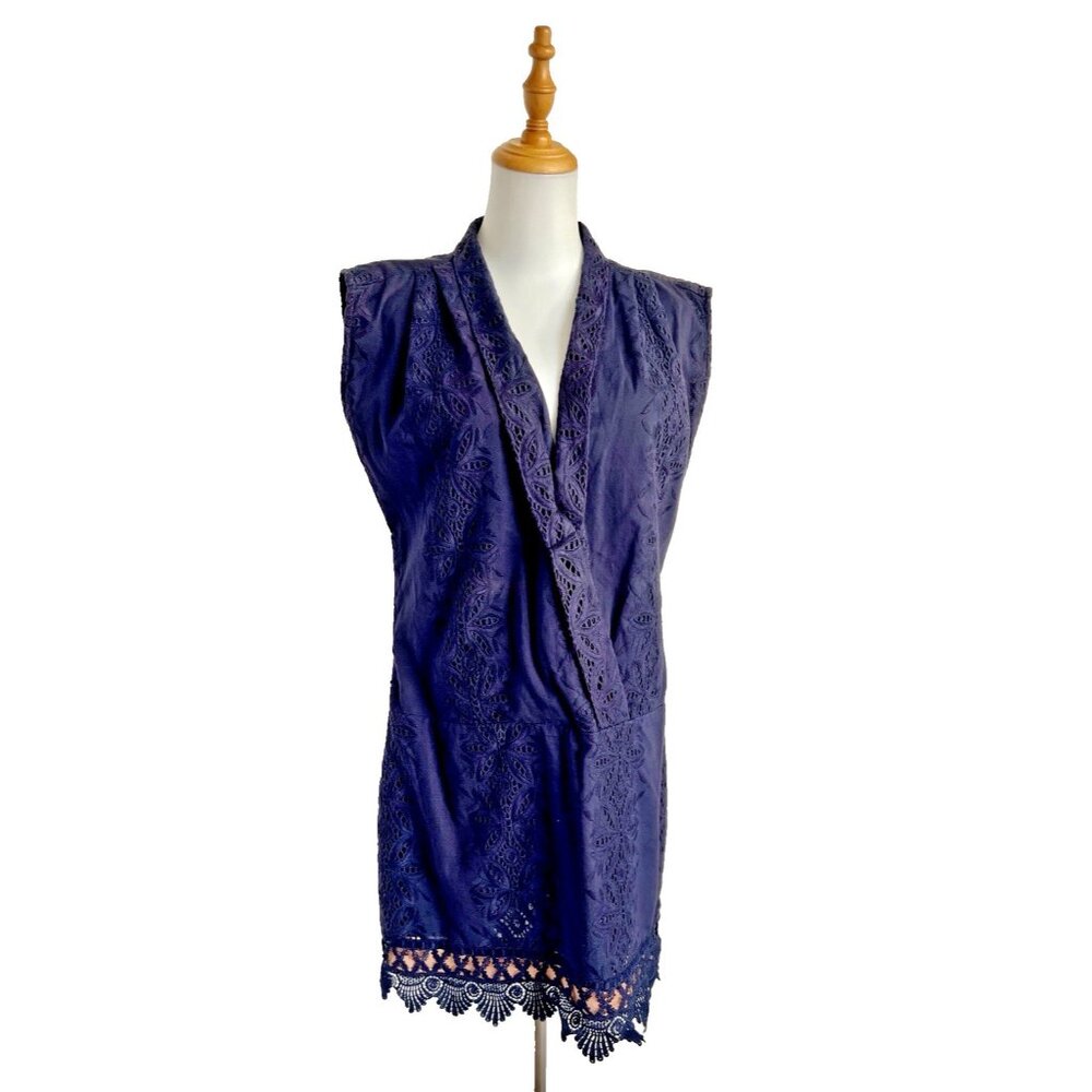 Lolita Taca Size L Dress 100% Cotton Navy Blue Eyelet Collared Knee Length Lace